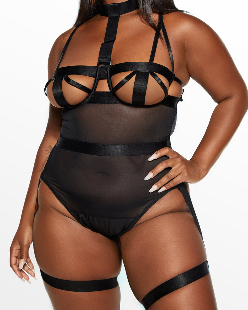 black strappy teddy with harness and removable garter