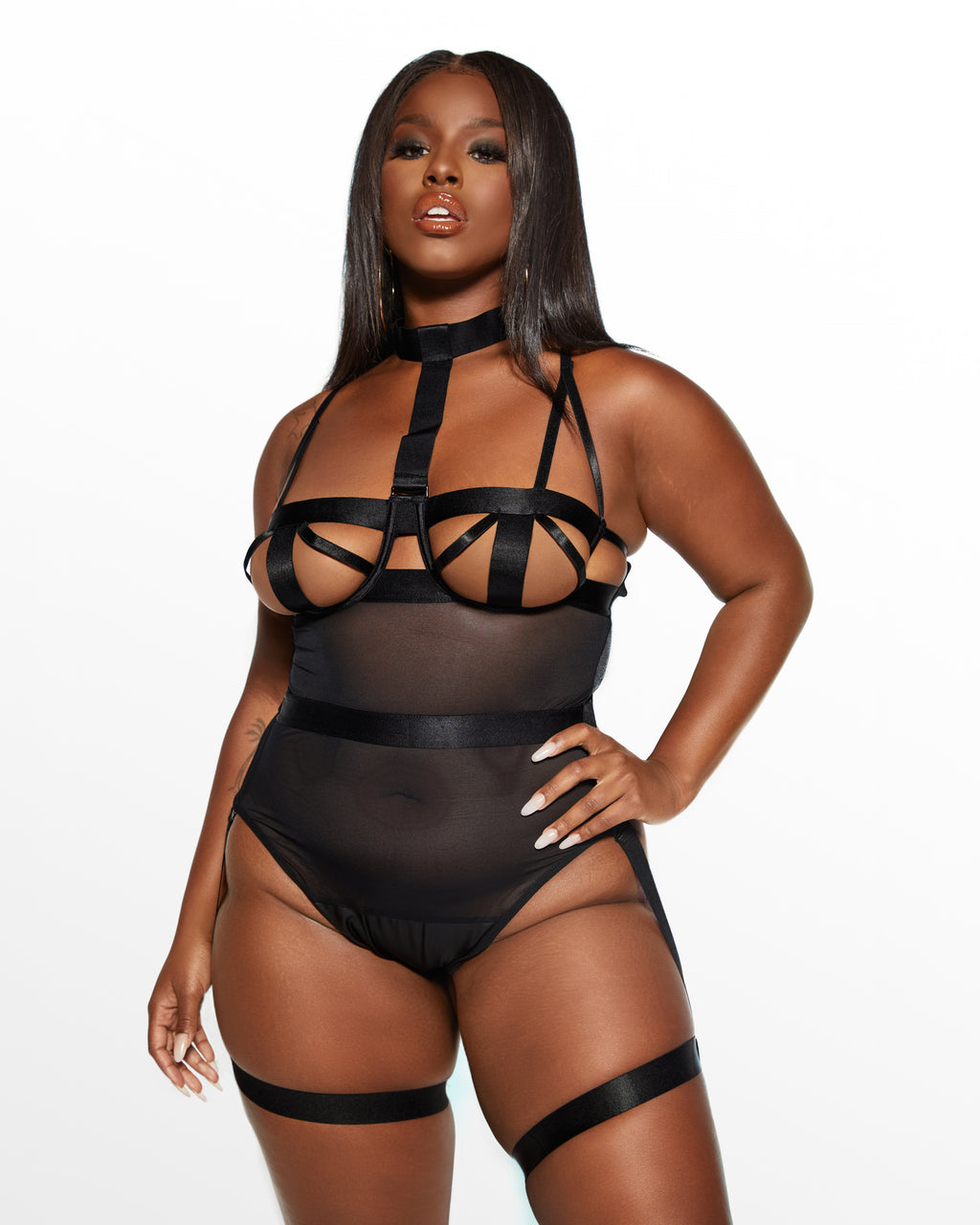 black strappy teddy with harness and removable garter