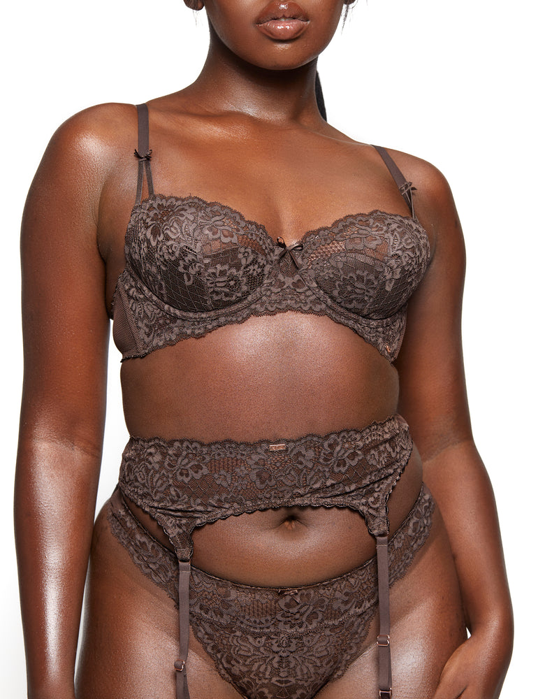 Love, Vera Nude Floral Lace & Mesh Thong Chocolate Fondant