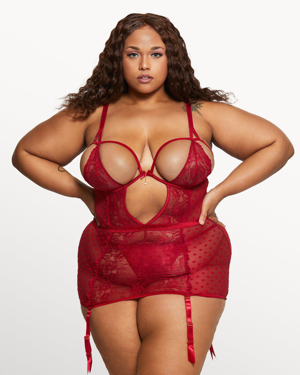 Bright red cutout bra cup chemise set with crisscross rear and thong curvy