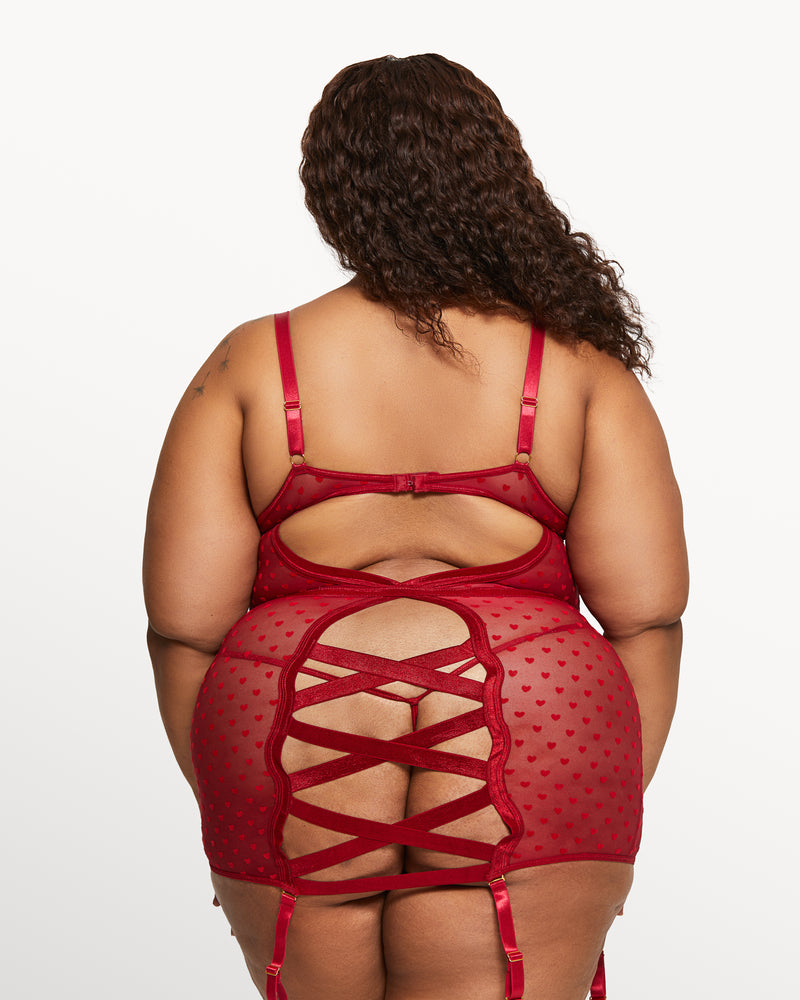 Bright red cutout bra cup chemise set with crisscross rear and thong curvy