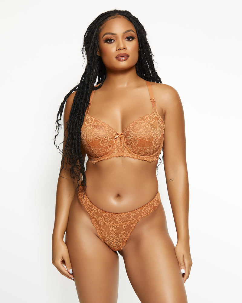 Love, Vera Nude Three Piece Floral Lace Garter Set Butter Toffee Curvy