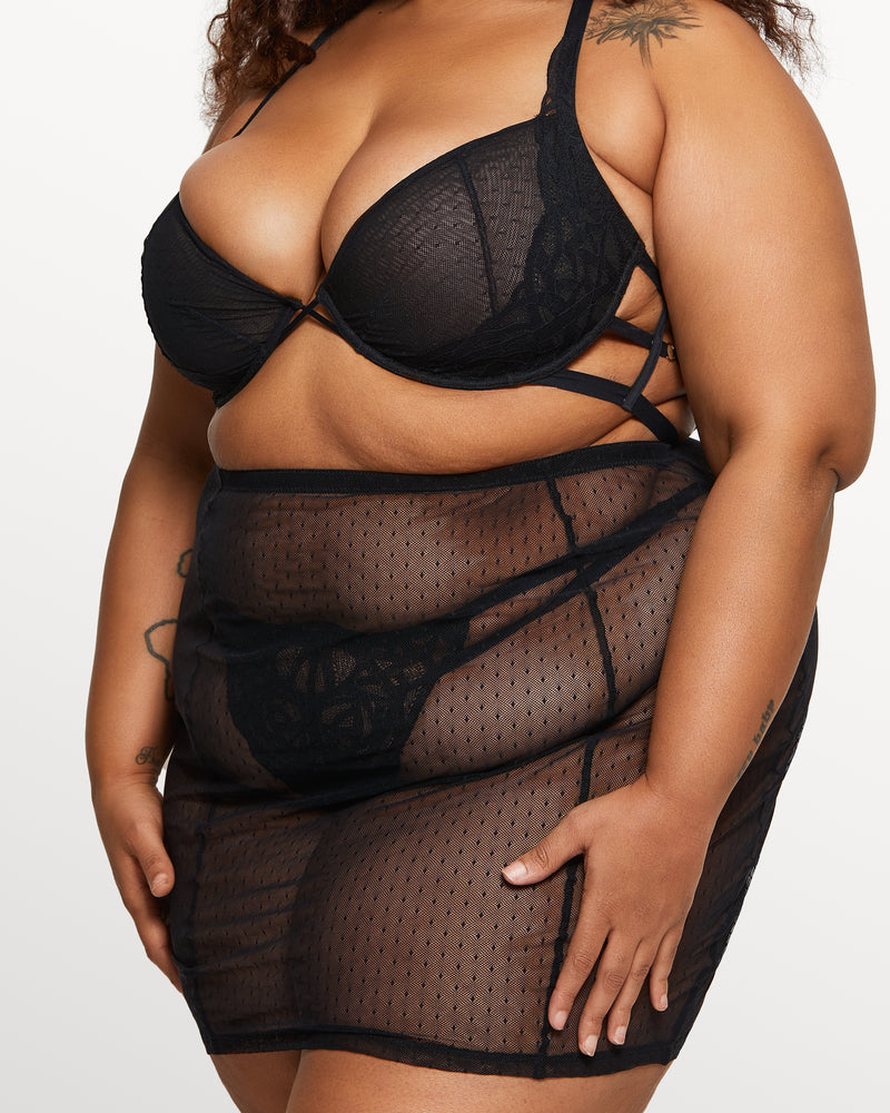 black mesh and lace bra panty and skirt lingerie set curvy