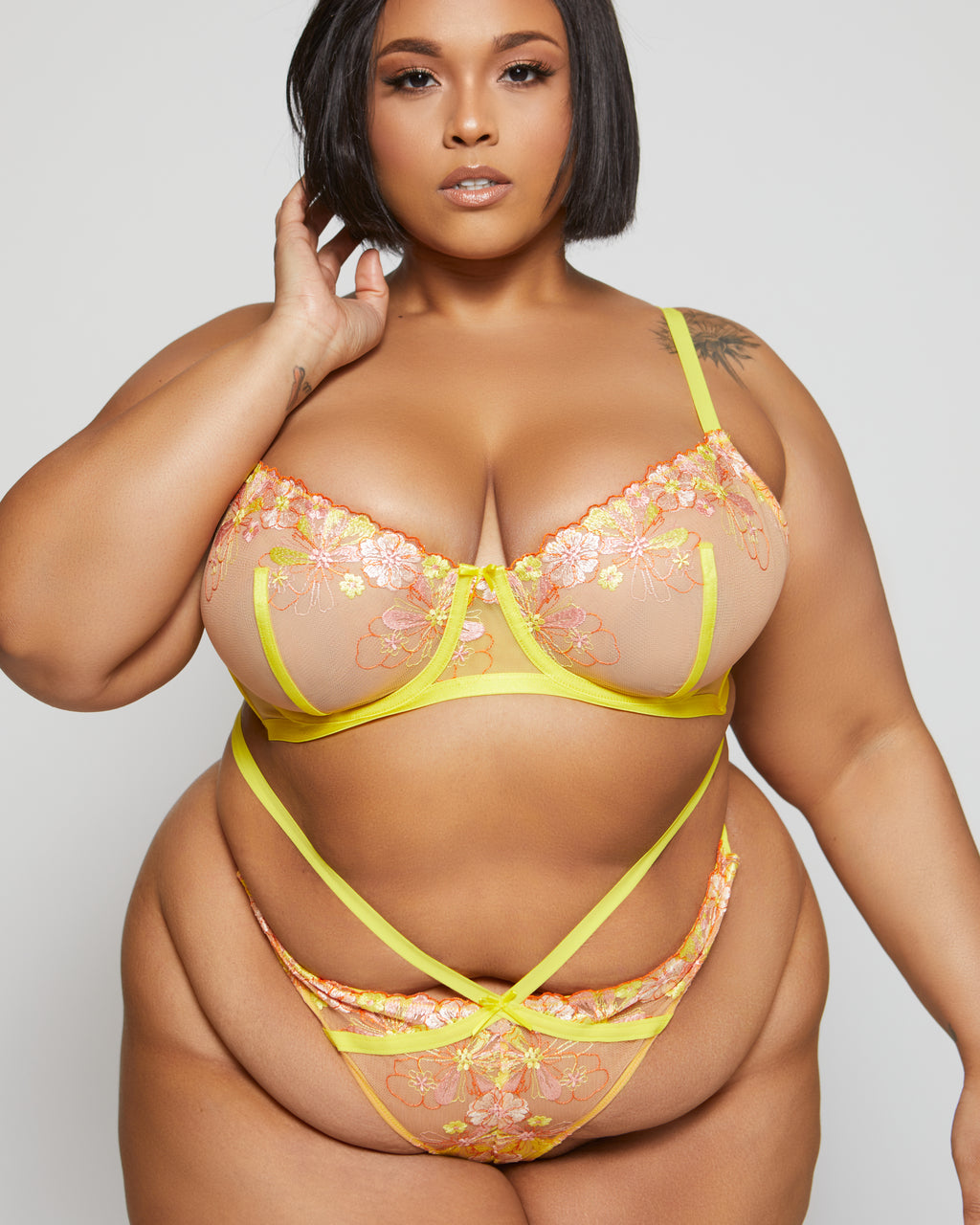 lemon yellow embroidered floral strappy thong curvy