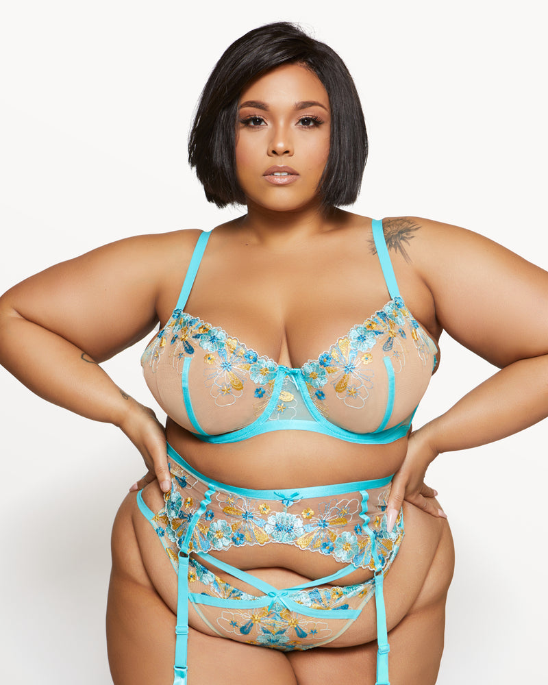 Love, Vera Embroidered Floral Bra & Panty Set Blue Curacao Curvy