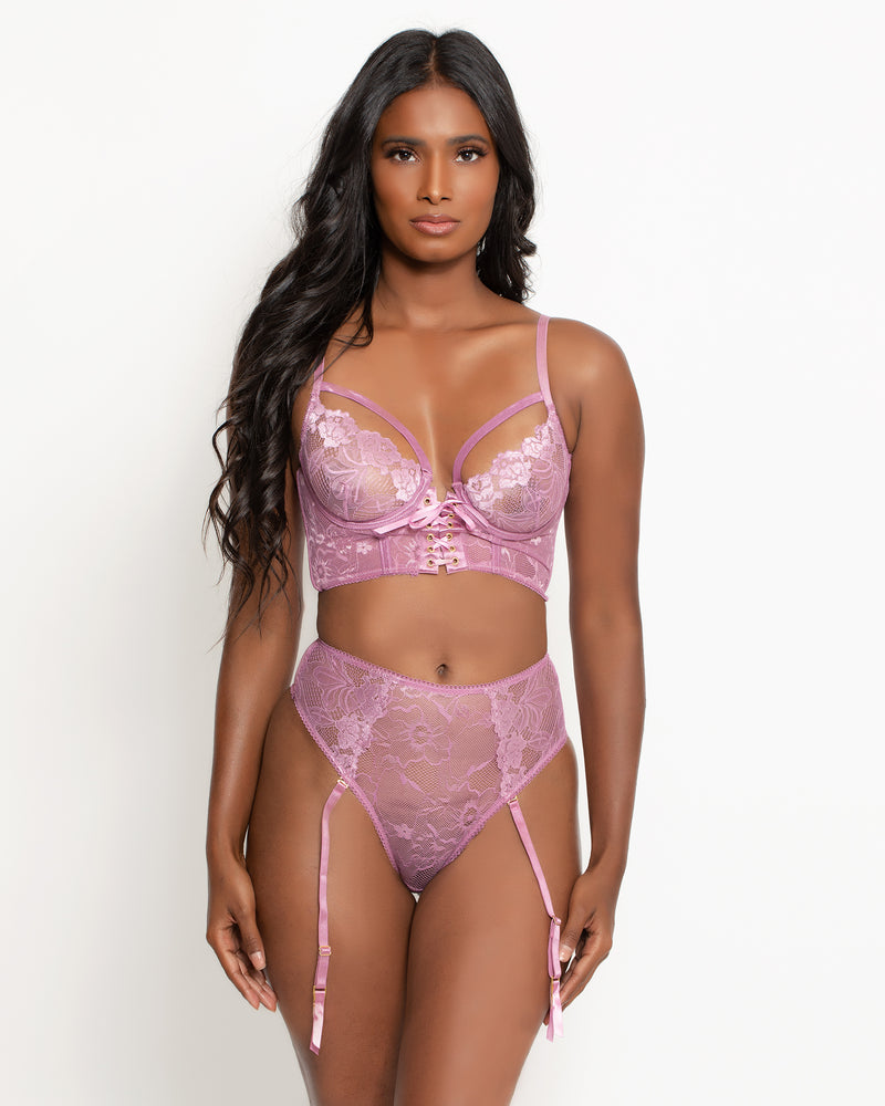 Love, Vera Floral Lace Caged Cutout Bra Set Summer Orchid