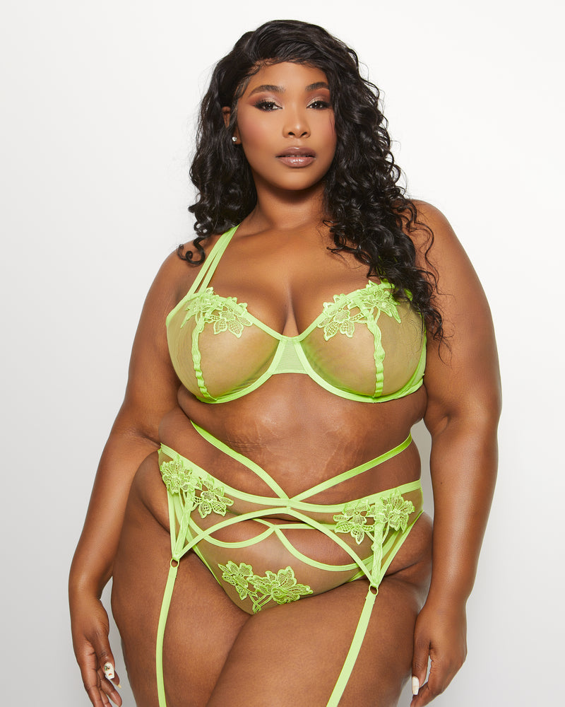lime green mesh applique three piece garter lingerie set curvy