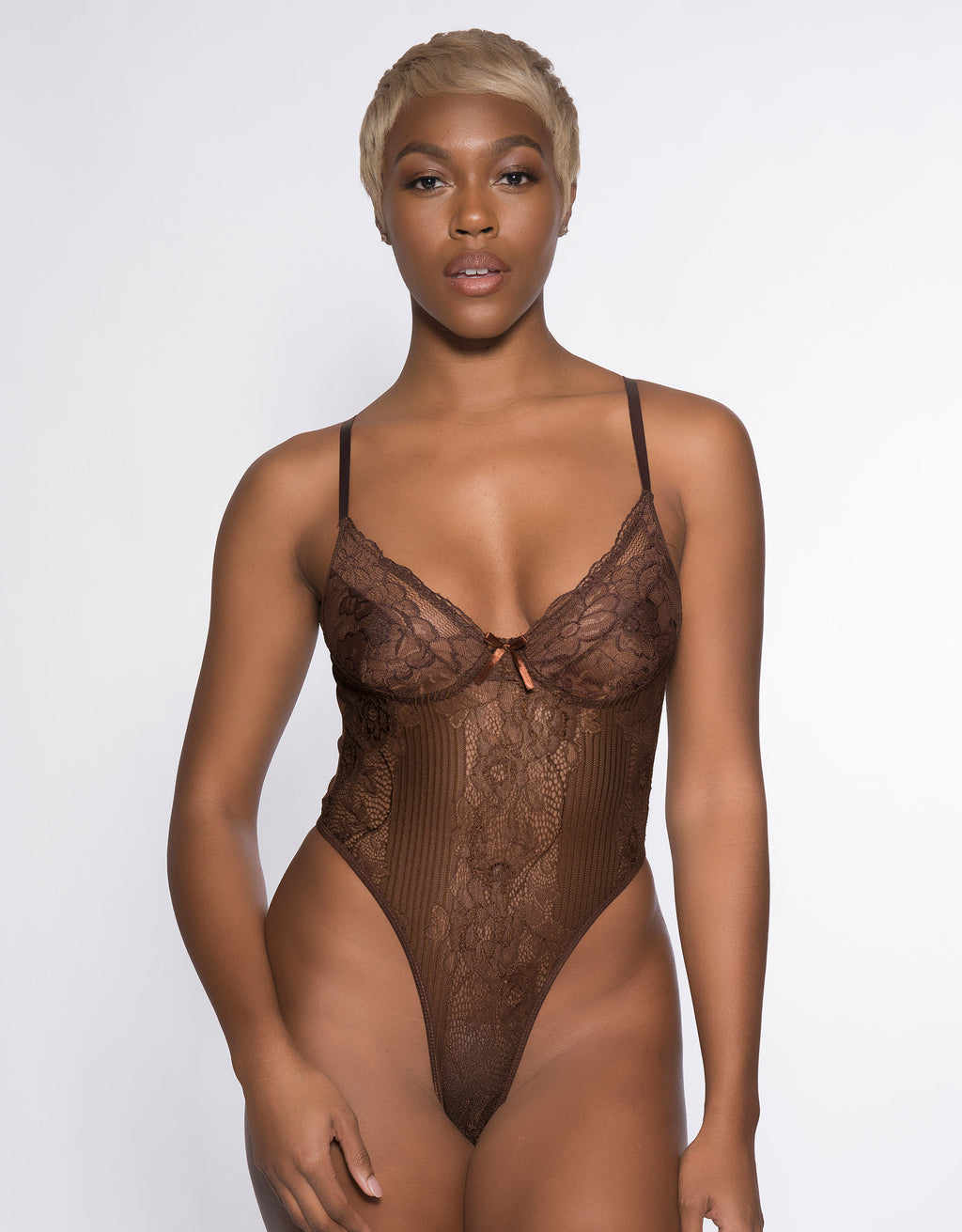 Chocolate floral lace high leg thong bodysuit