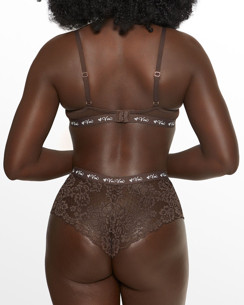 Love, Vera Nude Floral Lace & Mesh Thong Chocolate Fondant