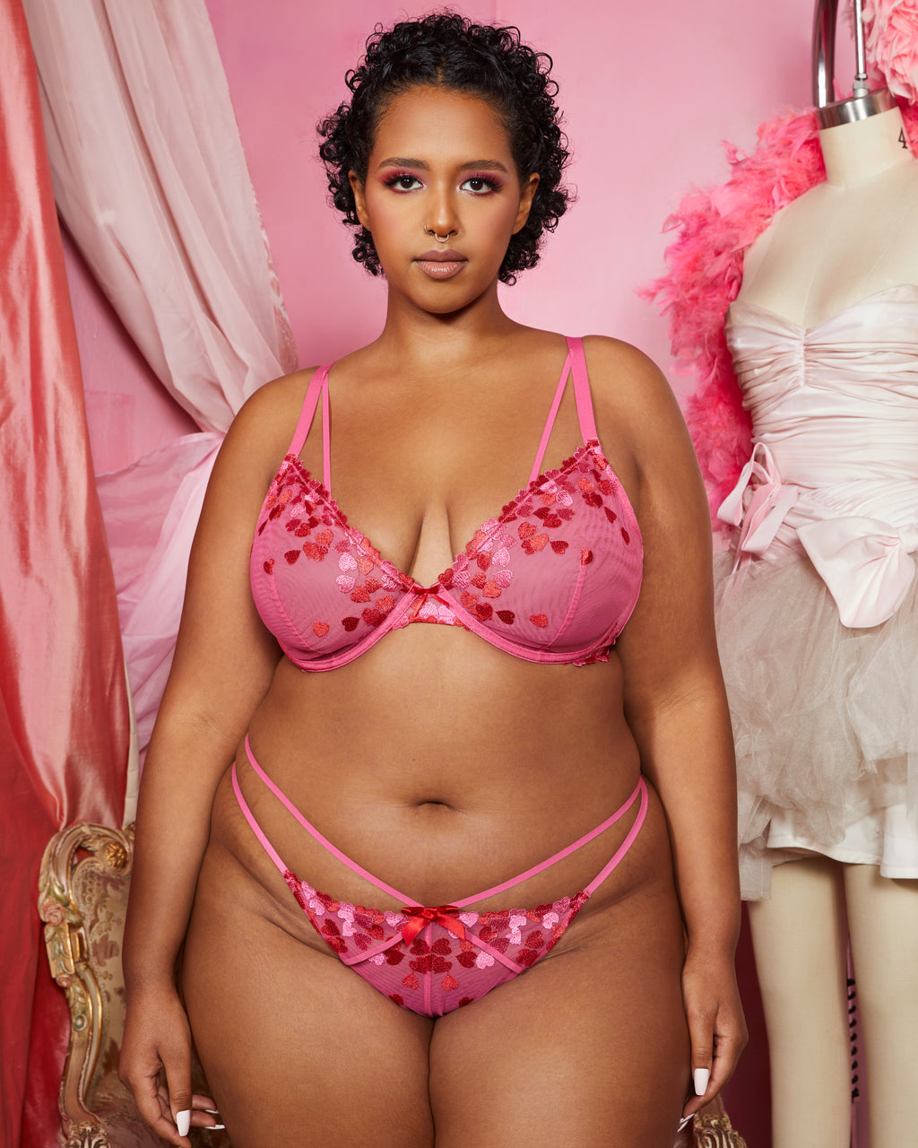 Embroidered Heart Bra & Panty Set Bubblegum Pink Curvy