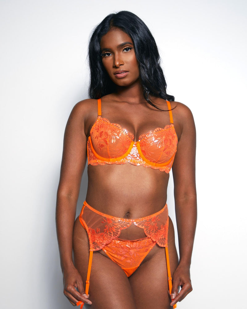 Glittering Embroidered Bra & Panty Set Orange Crush