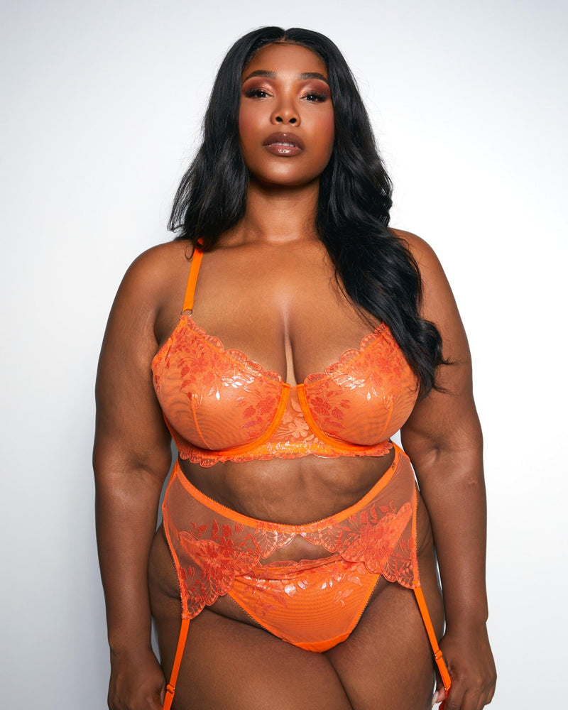 Glittering Embroidered Bra & Panty Set Orange Crush Curvy
